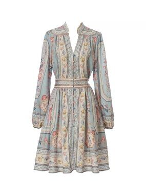 Designer-style Light Blue Floral Long-Sleeve Belted Dress